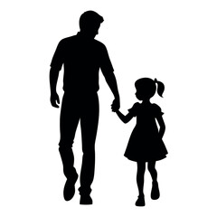 a father and daughter walking hand in hand. The father is on the left side of the image, with his back to the viewer, and the daughter on the right side