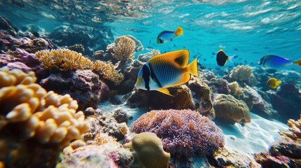 A colorful underwater scene with tropical fish swimming among coral reefs, showcasing the vibrant marine life found in the Maldives.