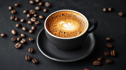 A captivating cup of coffee with rich crema on a dark grey saucer, surrounded by scattered coffee beans on a black table.