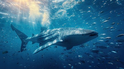 Fototapeta premium An awe-inspiring view of a giant whale shark swimming peacefully in the deep blue sea.