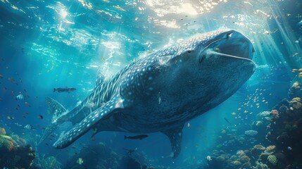 Naklejka premium An awe-inspiring view of a giant whale shark swimming peacefully in the deep blue sea.