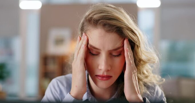 Headache, business woman and office with computer, stress and anxiety from work fail and brain fog. Tired, fatigue and report mistake with career pressure on labor law case at attorney firm with pain