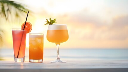 Vibrant Cocktails at Sunset - Relaxing Seaside Bar with Palm Trees and Ocean Breeze Perfect for Tropical Getaways and Summer Vibes