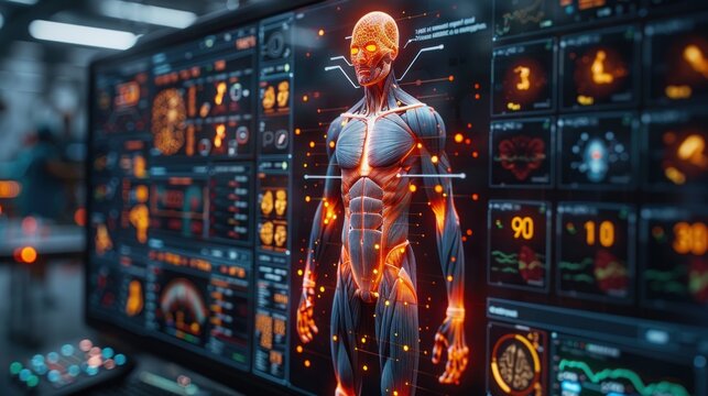 Close-up of a digital interface showing muscle activation patterns during an athletes performance in a sports science lab.