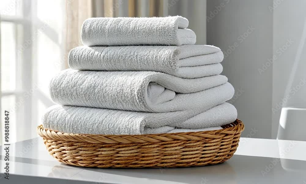 Poster a bright bathroom setting features clean, neatly folded white towels stacked in a woven basket. sunl