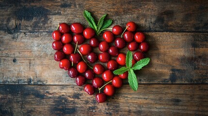 A creative shot of cherries arranged in the shape of a heart on a rustic wooden table, symbolizing love and health, with a sprig of mint for decoration.