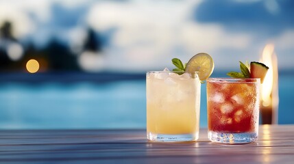 Tropical Paradise Night - Vibrant Cocktails with Tiki Torches at a Seaside Bar Under Moonlight Perfect for Lively Beach Gatherings and Summer Vibes