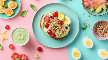 A colorful breakfast spread featuring avocado toast, eggs, and fresh fruits.