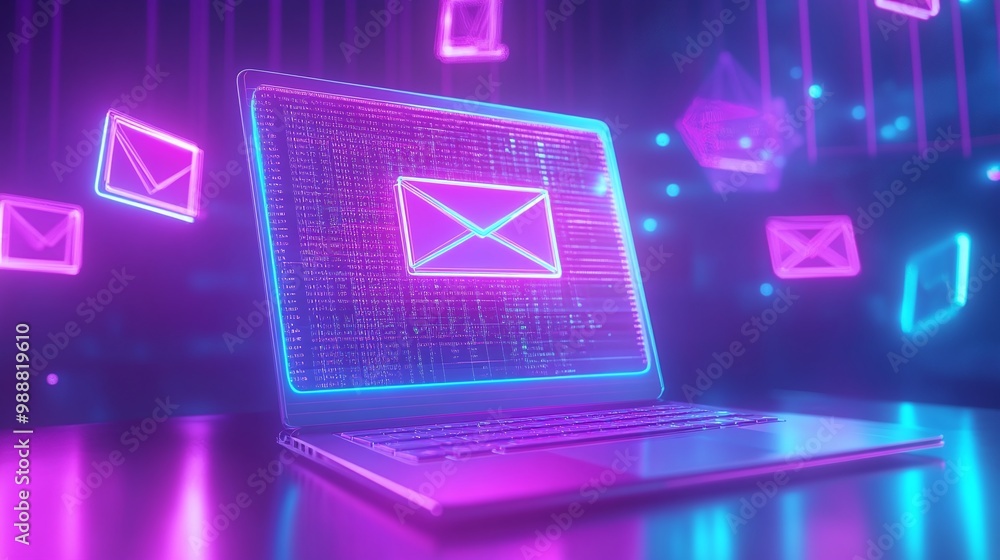 Poster digital laptop with glowing inbox notifications on screen email marketing concept.
