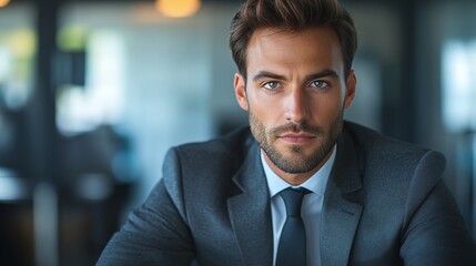 Fototapeta premium confident and focused young businessman sitting at desk in modern office, serious about career and business strategy in a corporate environment showcasing leadership skills and work productivity