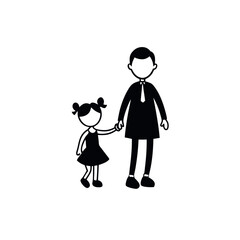 a father and daughter walking hand in hand. The father is on the left side of the image, with his back to the viewer, and the daughter on the right side