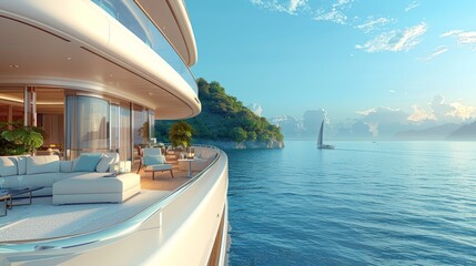 Fototapeta premium Luxurious Yacht Deck with Scenic Ocean View and Sailboat in the Distance at Sunset