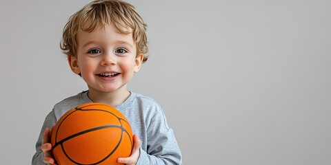 Happy toddler holding basketball, grey shirt, light background