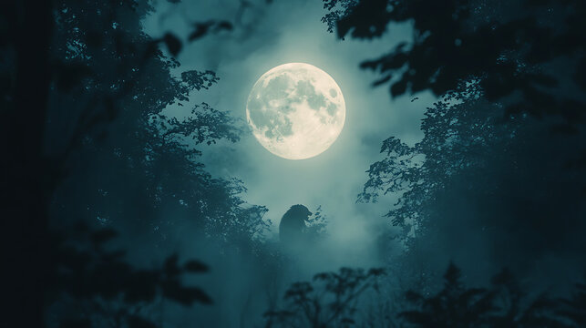 A large moon is shining through the trees in the dark