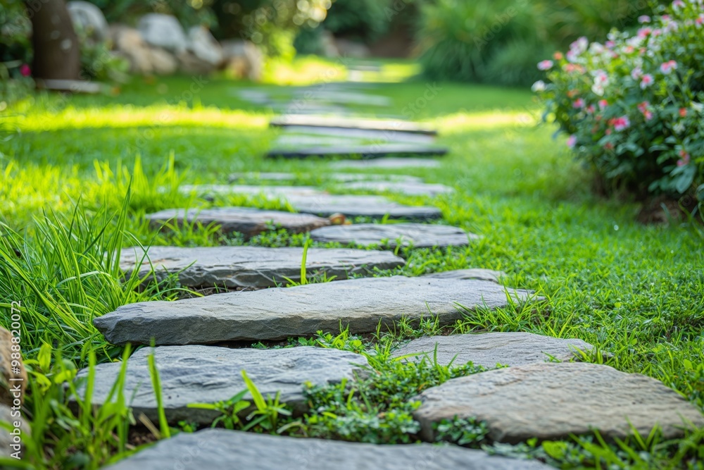 Poster a stone path with grass in between. the path is lined with rocks and the grass is green