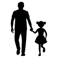 a father and daughter walking hand in hand. The father is on the left side of the image, with his back to the viewer, and the daughter on the right side