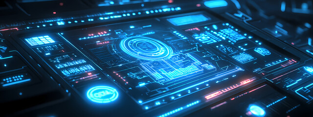 Fototapeta premium Advanced AI Control Panel with Neon Blueprints