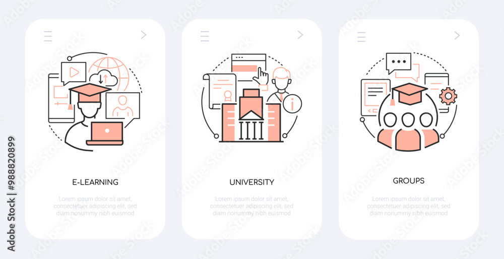Poster e-learning and university - line design style banners set with place for text. graduate, get a diplo