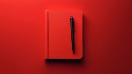 A flat lay of a red notebook and pen on a bold red background, offering a clean, creative look.