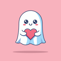 Cute Ghost With Love Heart Cartoon Vector Icon Illustration. People Holiday Icon Concept Isolated Premium Vector. Flat Cartoon Style