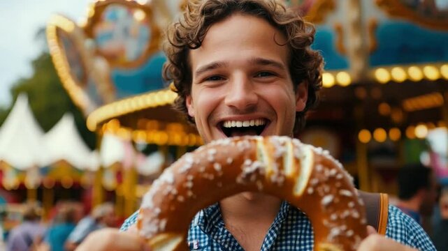 Joyful young man holding a large pretzel at a fairground surrounded by vibrant attractions on a sunny day