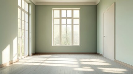 Obraz premium A room with a white door and a window. The window is open and the room is empty