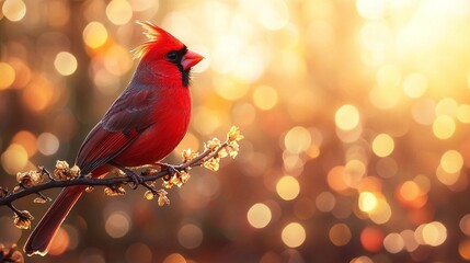close-up of a vibrant red cardinal perched on a branch with a bokeh background, highlighting the bird's striking red feathers in a serene and peaceful forest scene