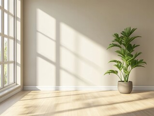 A large potted plant sits in the corner of a room with a large window. The plant is in a large pot and is placed on a wooden floor