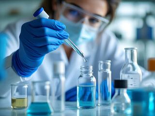 Fototapeta premium Glass vial, pipette and woman scientist in laboratory for medical study, research or experiment. Test tube, dropper and professional female person with chemical liquid for pharmaceutical innovation.
