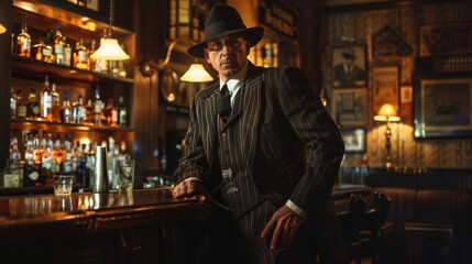Fototapeta premium Elegantly dressed in a pinstripe suit and hat, a man leans on a bar counter in a historic bar, exuding charm and old-world sophistication.