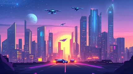 Futuristic cityscape at night with flying drones and glowing cars on a highway.