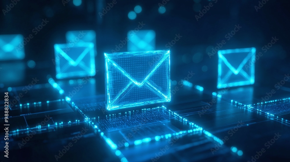 Poster glowing digital mailboxes representing communication in a tech environment. email marketing concept.