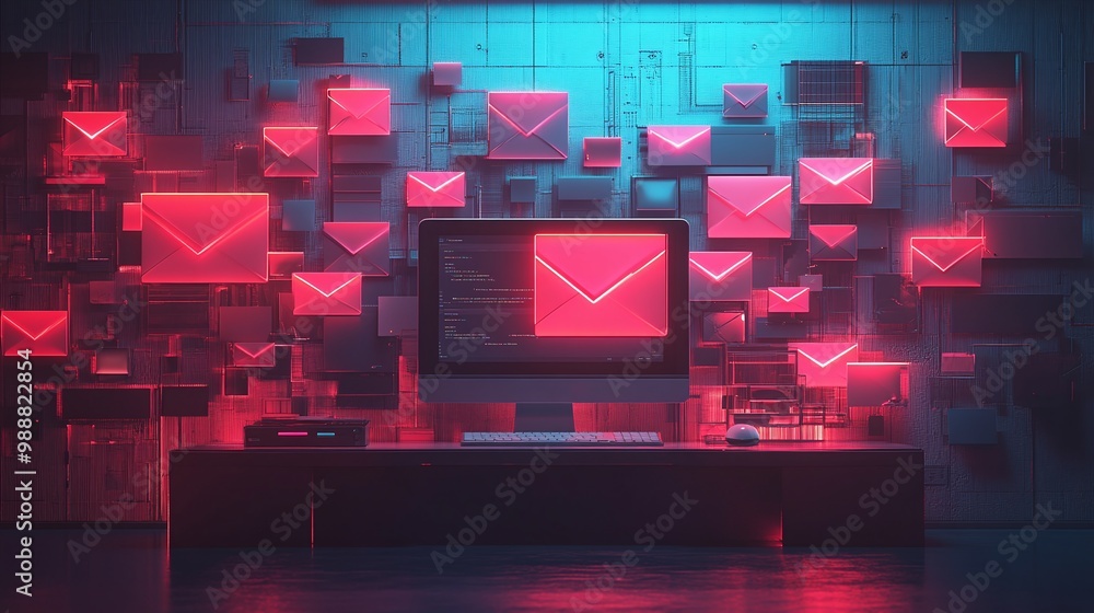 Poster futuristic workspace with glowing email notifications and a computer screen. email marketing concept