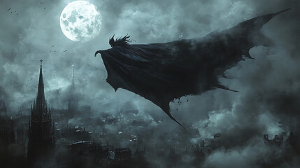 Naklejka premium A vampire bat is flying over a city at night with a full moon in the background
