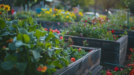 Close-up of a bustling, thriving garden with raised beds overflowing with colorful flowers and lush greenery.