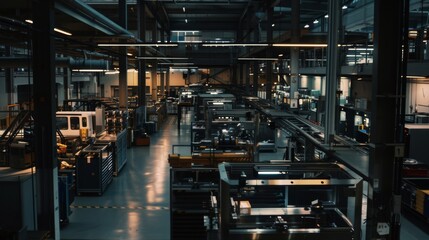 Fototapeta premium An expansive manufacturing floor with organized machinery and equipment, exuding a sense of precision and productivity under bright, even lighting.