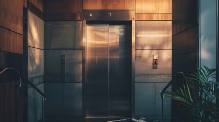 An elevator door with a sleek metallic finish in an elegant building lobby, subtly lit by warm, ambient light and surrounded by refined architectural details.