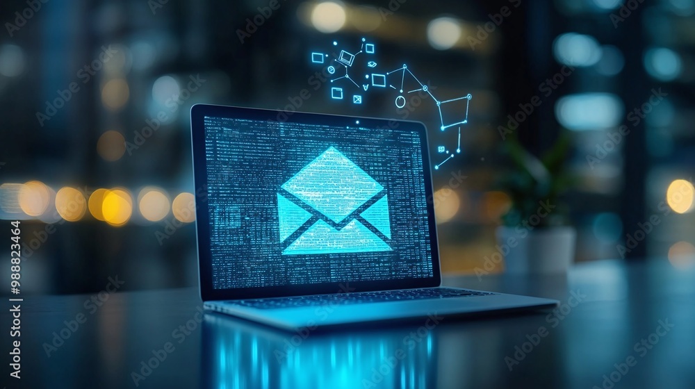 Aufkleber laptop displaying an email interface with digital connection graphics. email marketing concept.