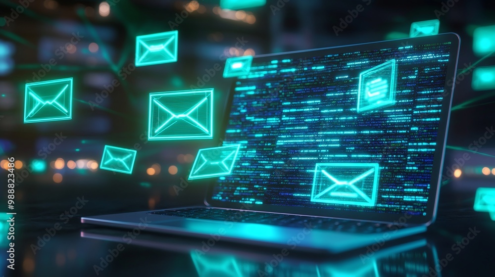 Aufkleber laptop displaying digital email notifications with glowing graphics. email marketing concept.