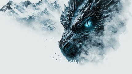 A glacial dragon with icecold eyes, surveying a frozen wasteland, digital painting, cold color palette, isolated on white background