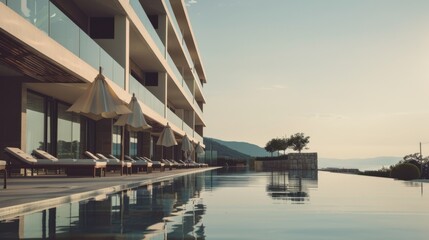An expansive infinity pool with sun umbrellas and loungers on a sunny day, perfect for unwinding and soaking up the picturesque views.
