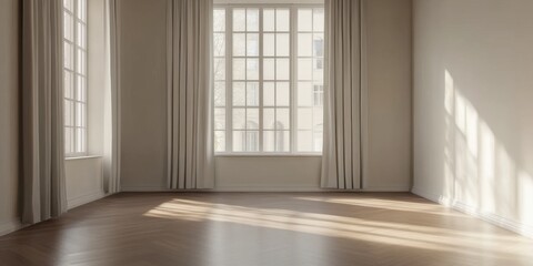 Obraz premium A room with a window and white curtains. The curtains are open and the room is empty. The floor is made of wood