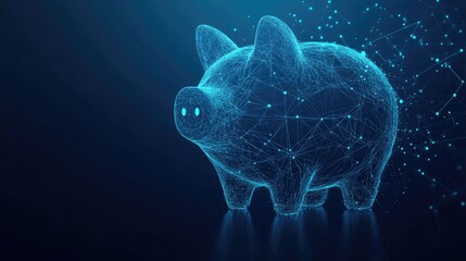Naklejka premium Geometric piggy bank made of points and lines, connecting in a network of savings and digital finance on a blue background.