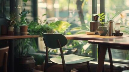 Fototapeta premium A cozy café interior adorned with various potted plants and sunlight filtering through the window, creating a warm and inviting atmosphere.