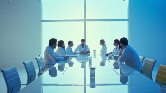 A group of people in white lab coats sit at a sleek conference table, engaged in discussion within a bright, spacious meeting room.