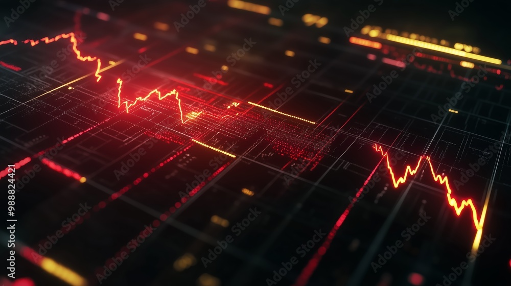 Poster dynamic financial market data visualization showing fluctuating stock prices in red and yellow again