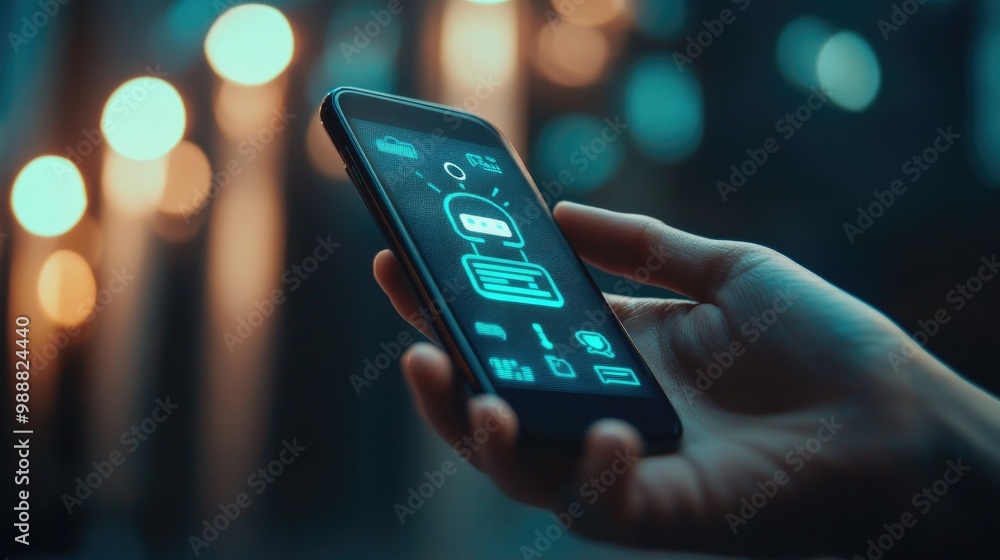 Poster hand holding a mobile phone with chatbot text displayed, ai-driven customer service at your fingerti