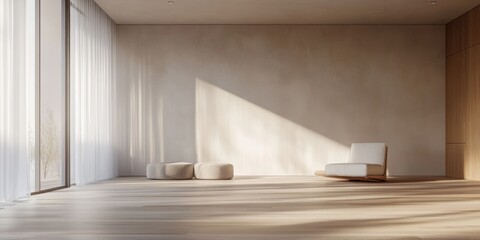 Fototapeta premium A white chair is in the middle of a room with a tan wall. There are two white pillows on the chair
