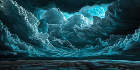 Gloomy cerulean clouds swirling above a pitch-black sports field, whisper of danger."