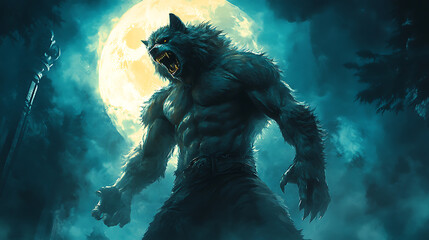 A large, hairy, wolf-like creature stands in front of a full moon